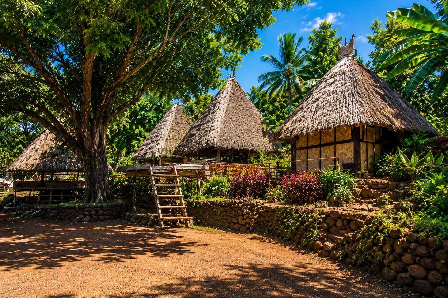 Village traditionnel avec cases à toit de chaume coniques entourées de végétation tropicale luxuriante