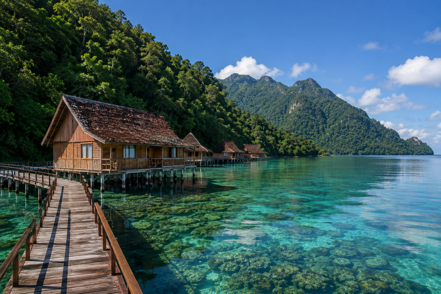 Bungalows en bois sur pilotis face à une baie turquoise entourée de montagnes boisées