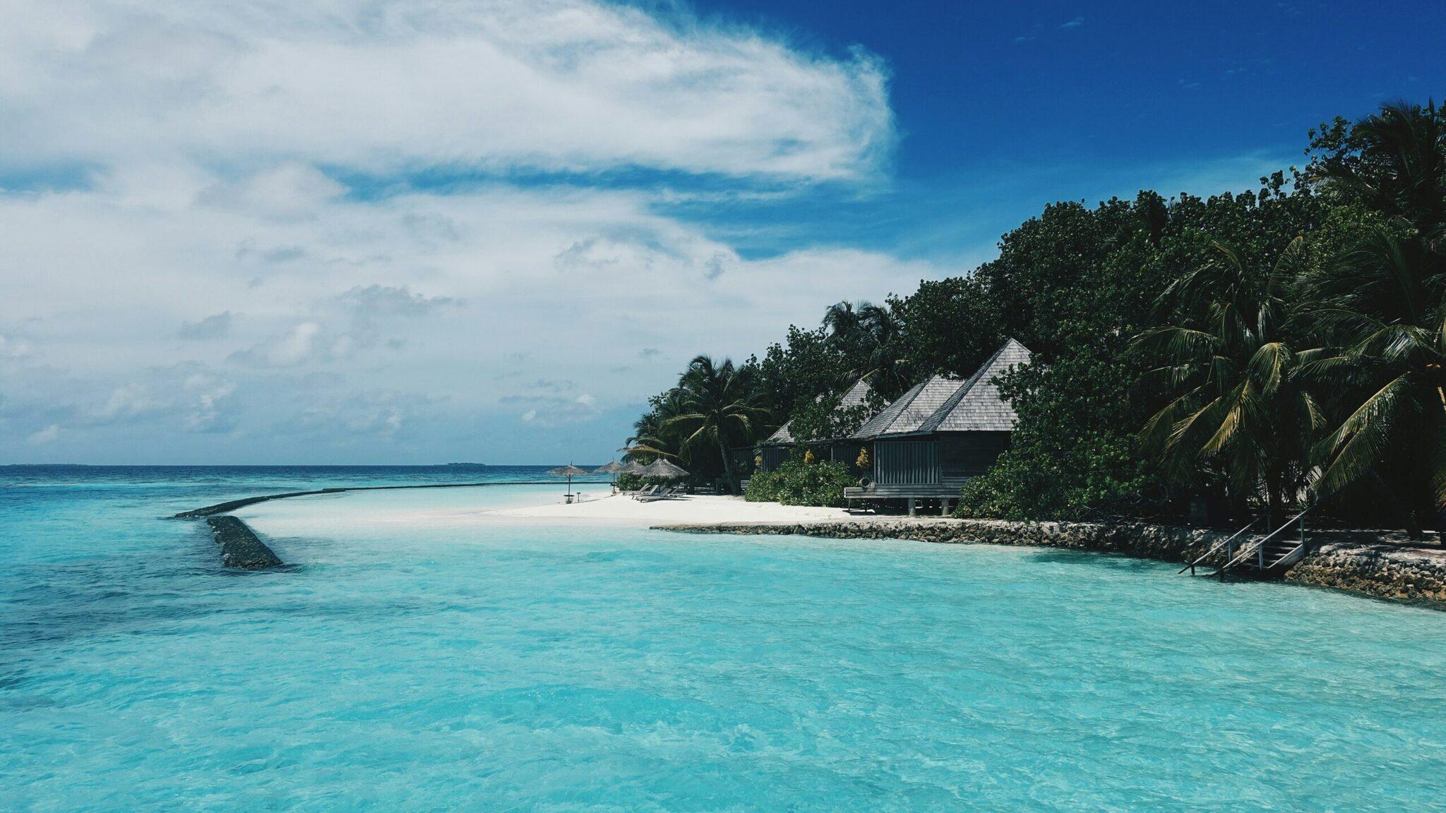 Une plage tropicale aux eaux turquoise avec bungalow sur pilotis entouré de palmiers et végétation luxuriante