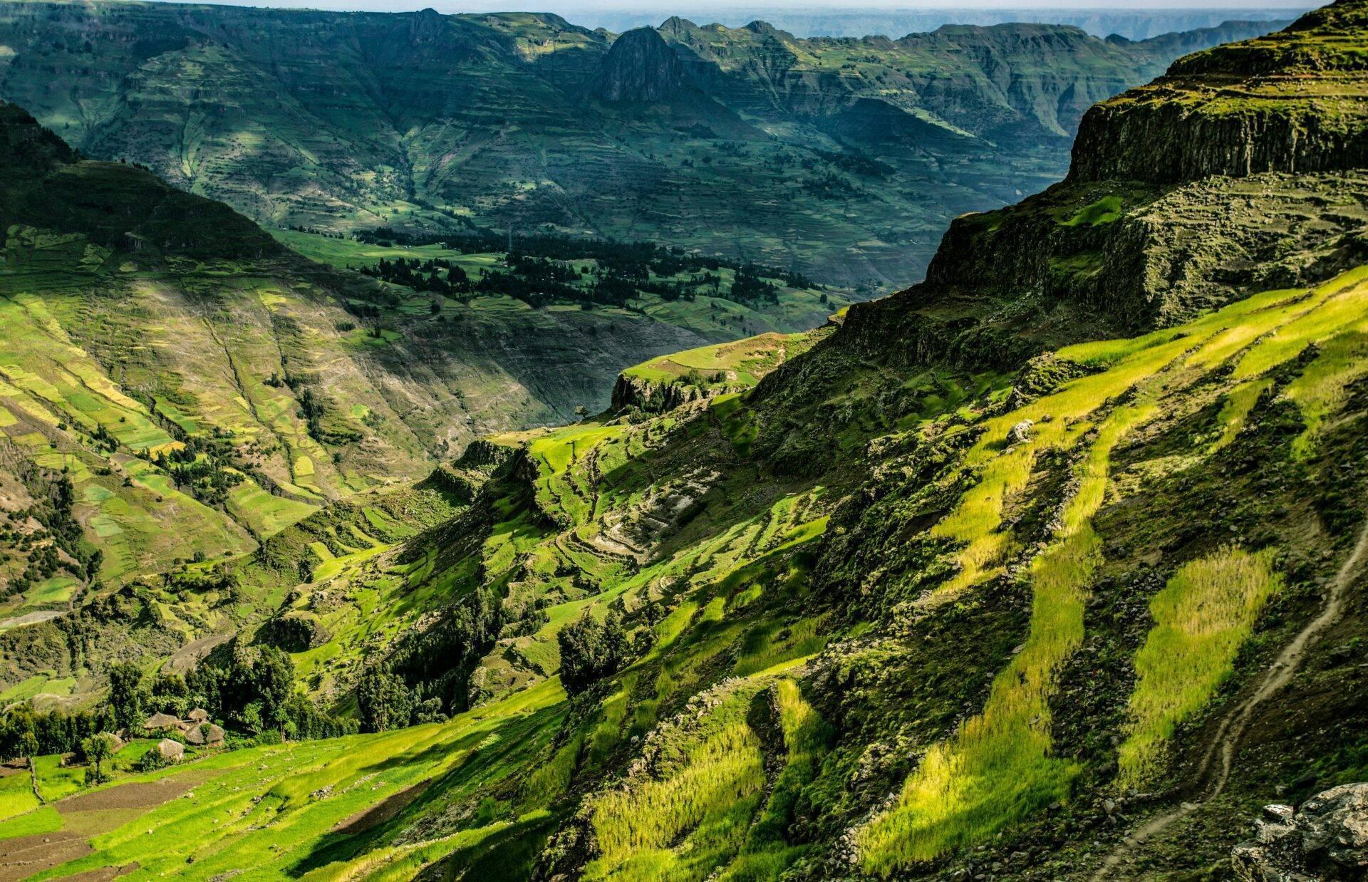 Grünes Bergtal mit landwirtschaftlichen Terrassen, steilen Felswänden und vereinzelten Dörfern in den äthiopischen Höhenlagen