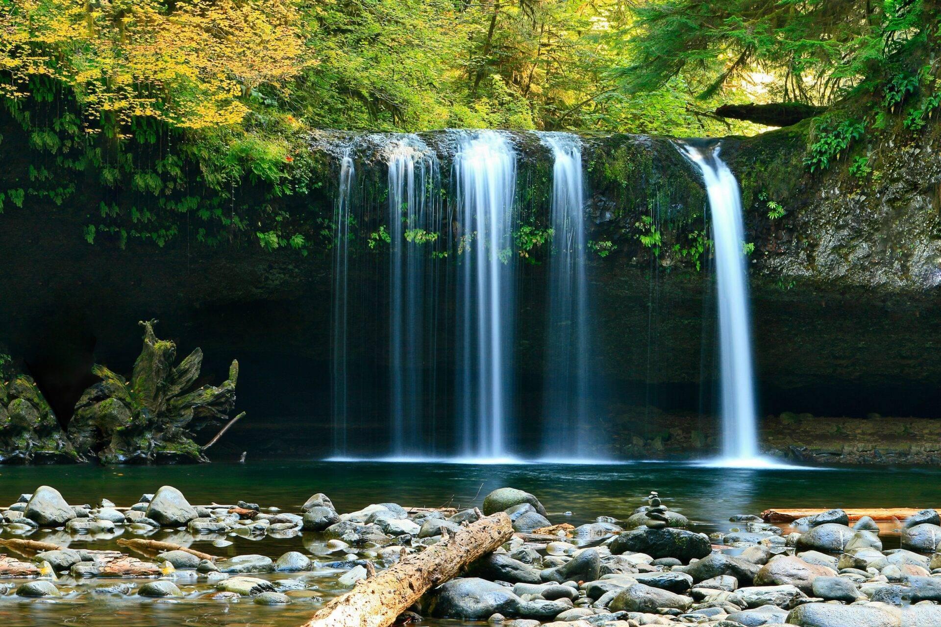 Una cascata spettacolare con molteplici veli d’acqua che sgorgano da una parete ricoperta di lussureggiante vegetazione