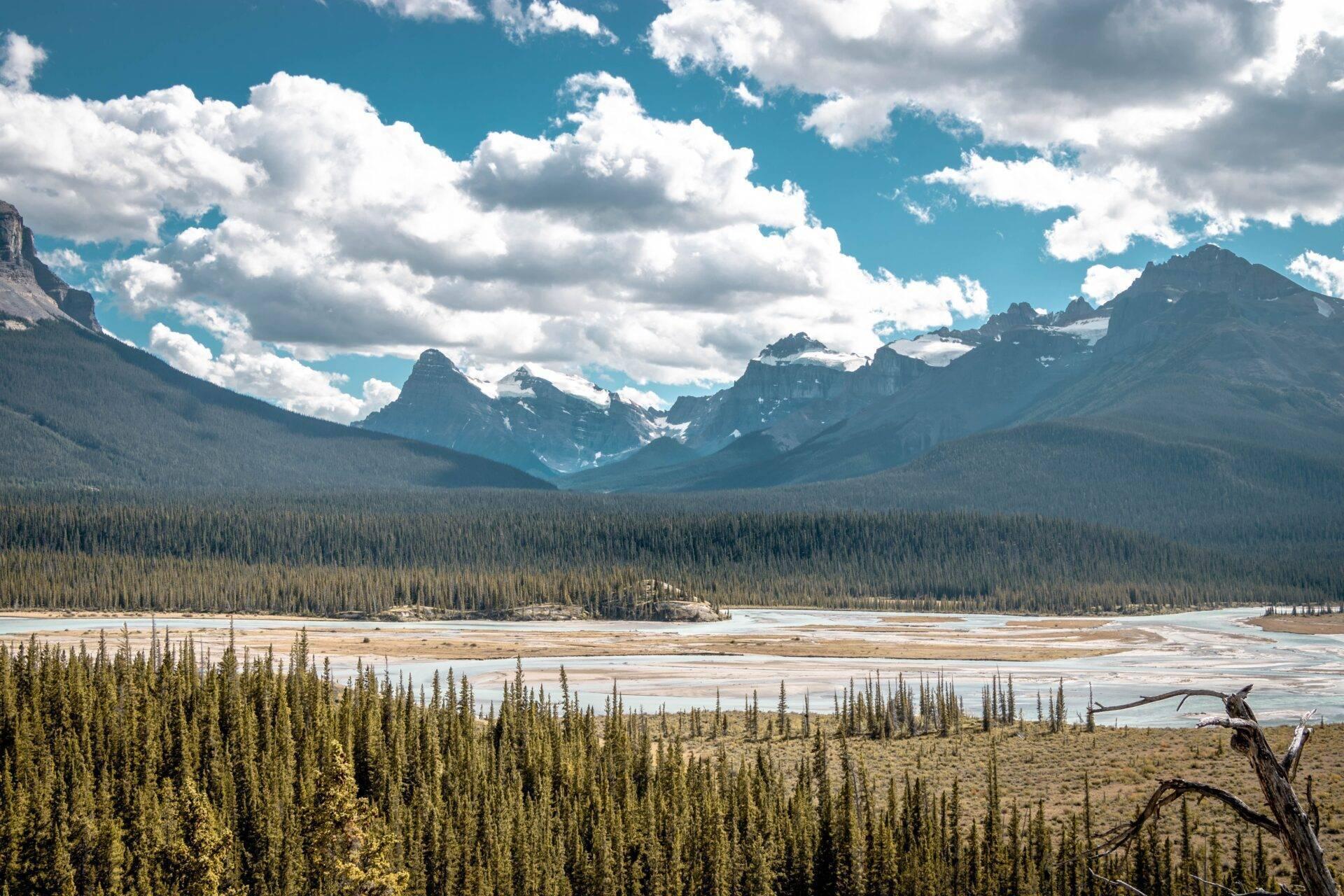 Vallée alpine avec lac glaciaire, forêt de conifères dense et chaîne montagneuse enneigée sous ciel nuageux
