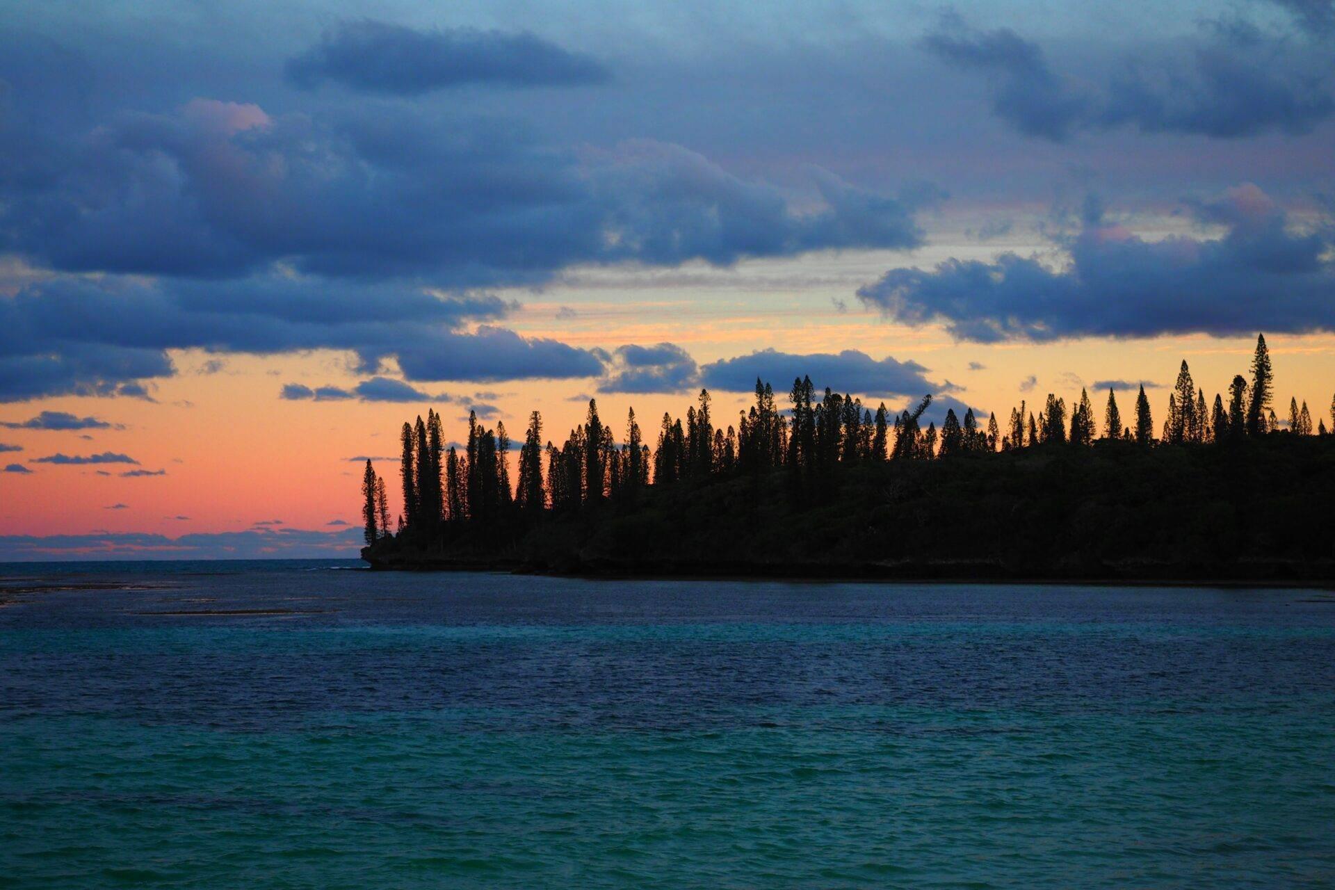 Un coucher de soleil spectaculaire sur une baie tropicale avec une forêt de pins se découpant en silhouette contre le ciel coloré