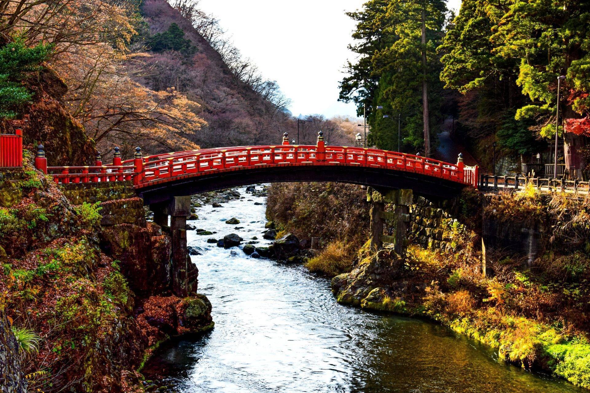 Un pont rouge arqué enjambe une rivière rocheuse dans un cadre boisé automnal japonais
