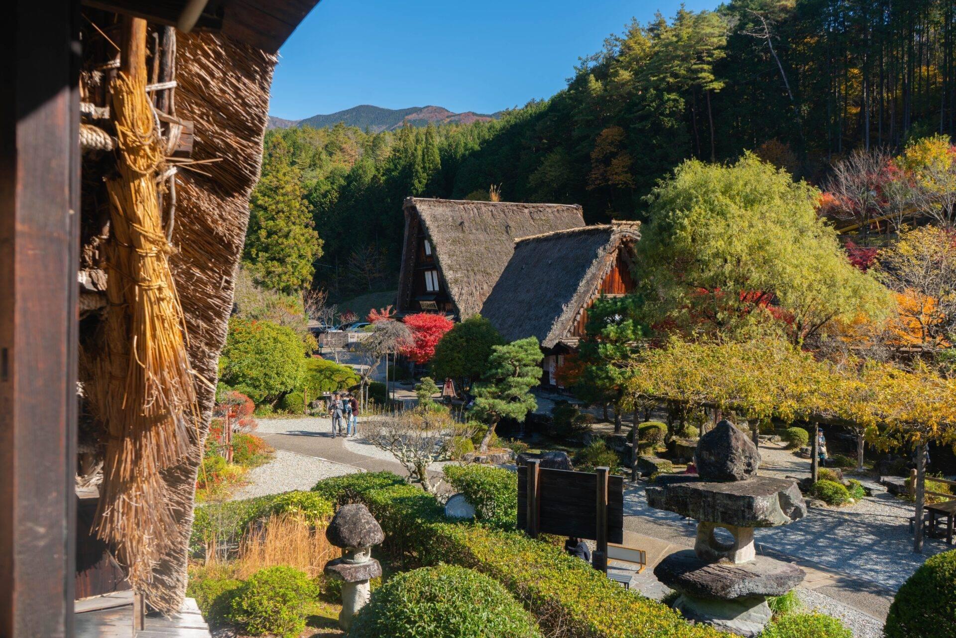 Village traditionnel japonais avec maisons à toits de chaume, jardins paysagers et montagnes boisées en arrière-plan