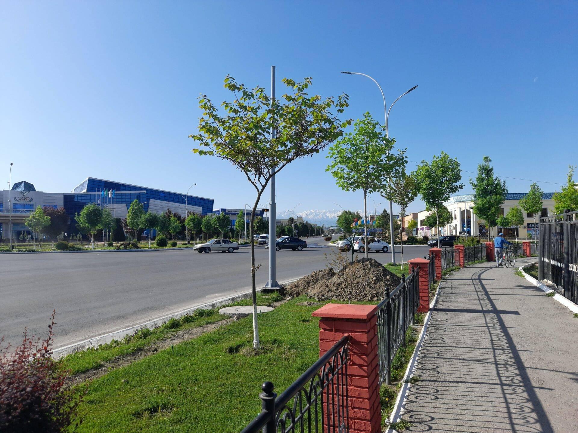 Une avenue urbaine moderne en Asie centrale avec bâtiments modernes, route spacieuse et montagnes enneigées en arrière-plan