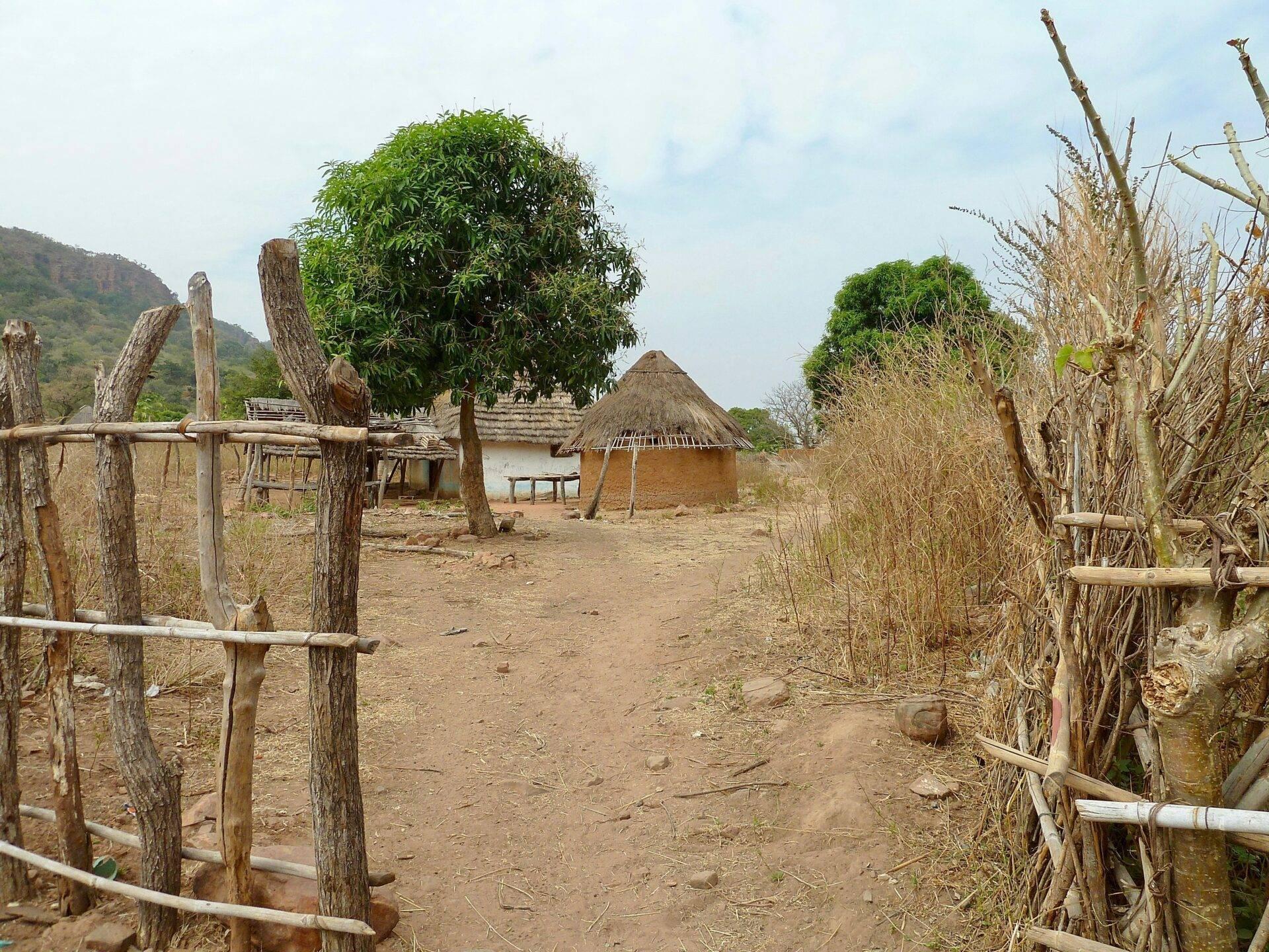 Villaggio tradizionale africano con capanne in terra e tetti di paglia, circondato da staccionate di legno e vegetazione