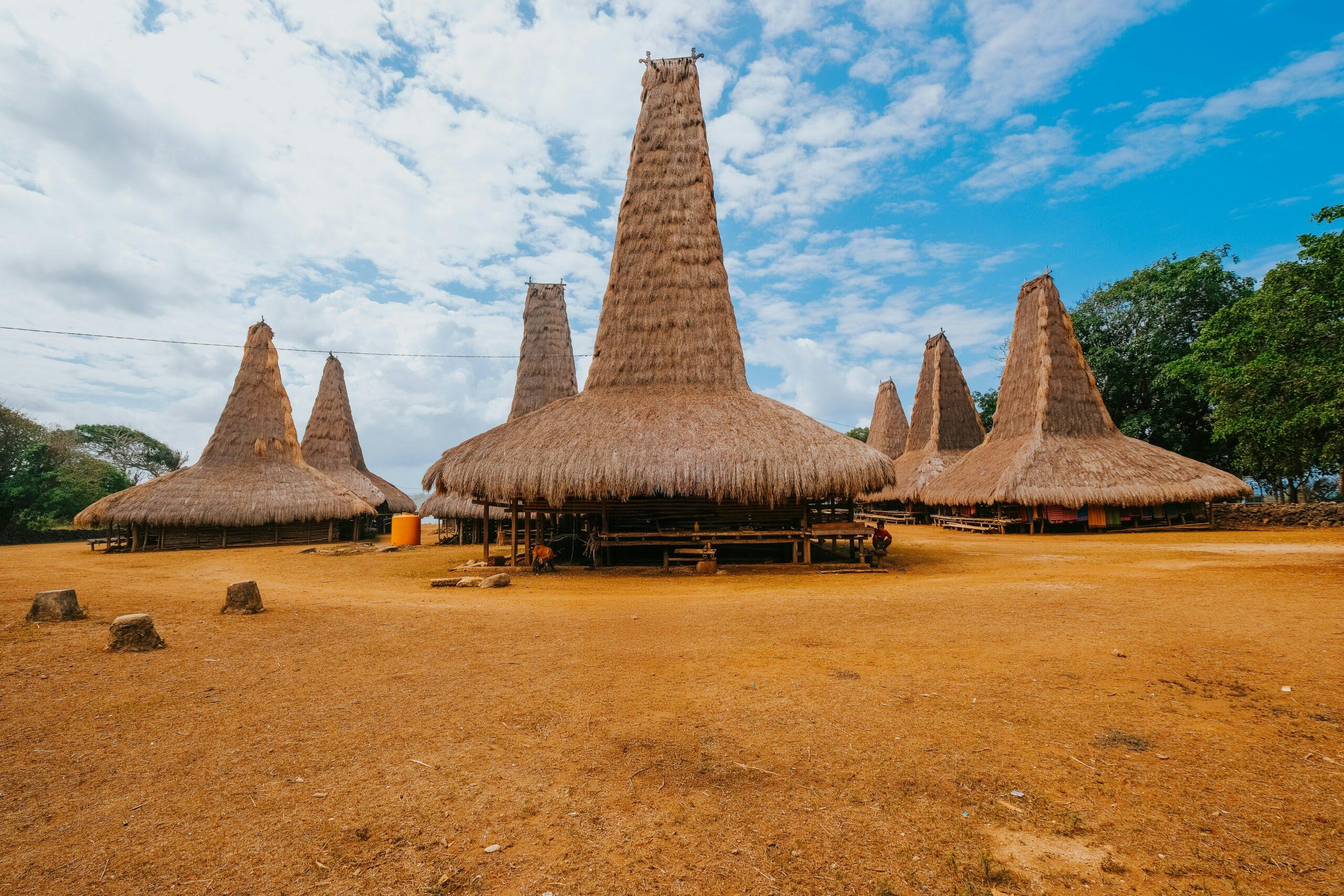 Village traditionnel avec maisons coniques en paille et chaume typiques de l’architecture locale indonésienne