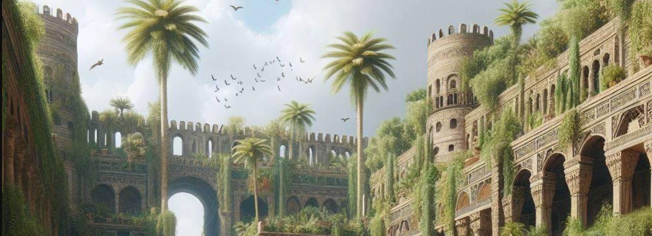 Illustration artistique de ruines antiques avec tours fortifiées, végétation luxuriante et palmiers sous ciel dégagé