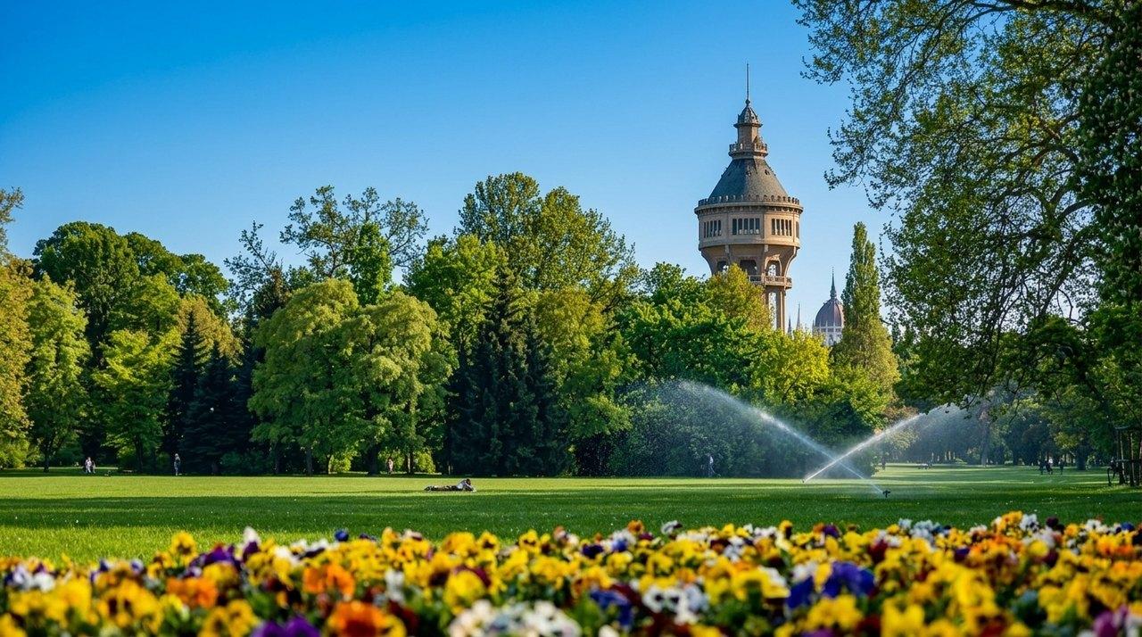 Un parco verdeggiante con aiuole di fiori colorati, una torre di castello in lontananza e un getto d’acqua sul prato