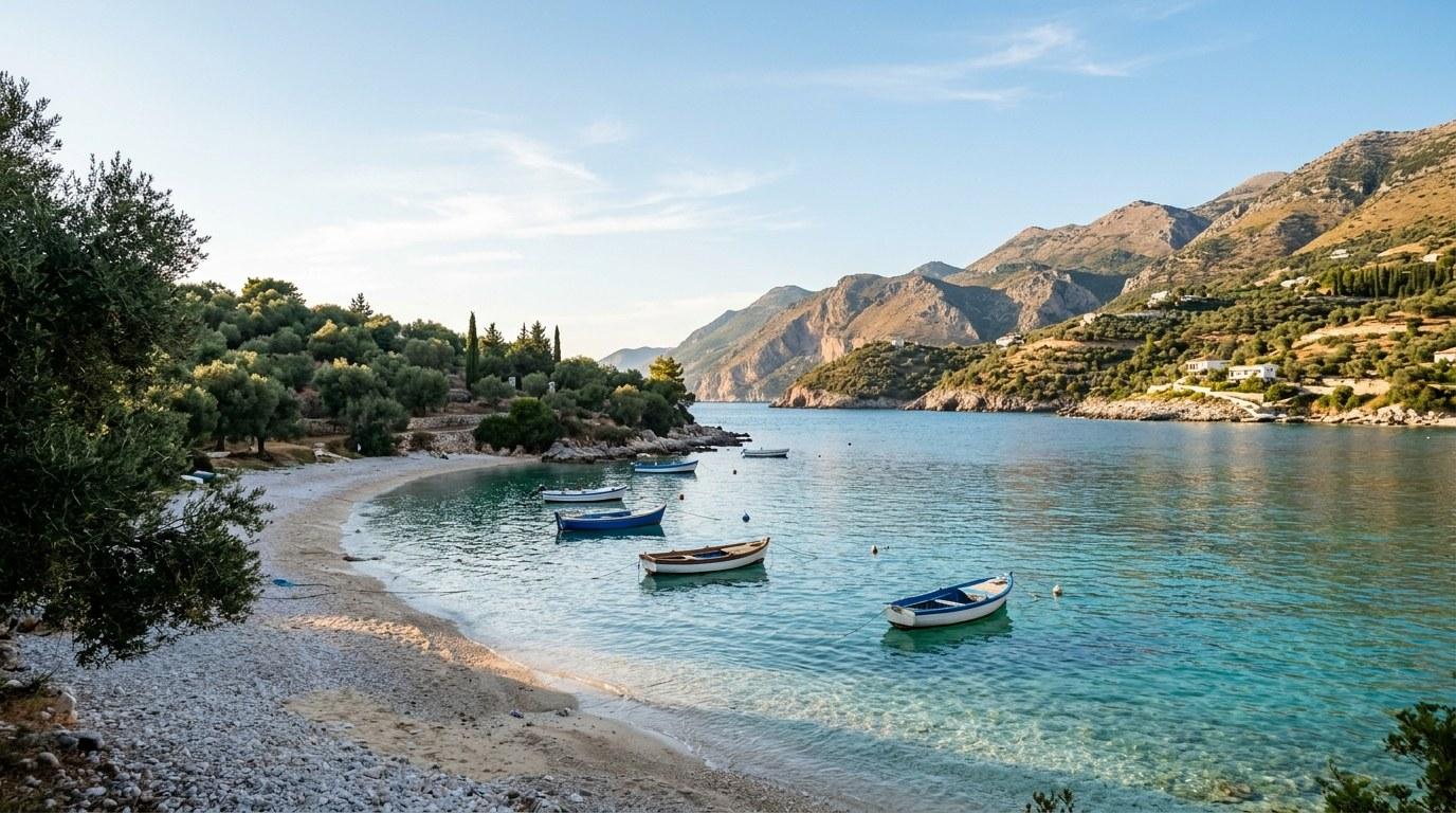 Vue sur une baie turquoise de la riviera albanaise, plage bordée d'oliviers et montagnes en arrière-plan