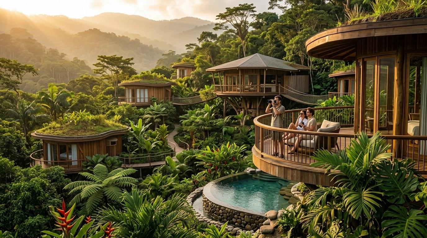 Complejo de cabañas de madera elevadas en la jungla tropical con piscina natural y vistas a las montañas boscosas