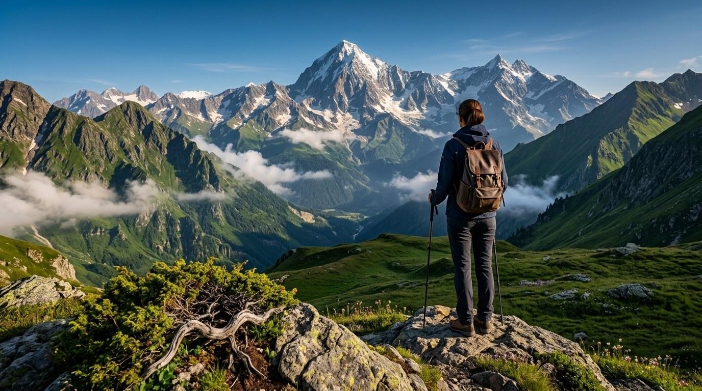 Une randonneuse avec sac à dos admire un panorama de montagnes enneigées et vallées verdoyantes