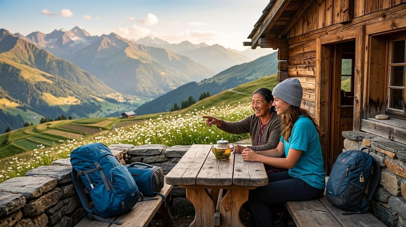 Deux femmes discutent autour d’une table en montagne alpine, avec vallée fleurie et chalet en bois en arrière-plan