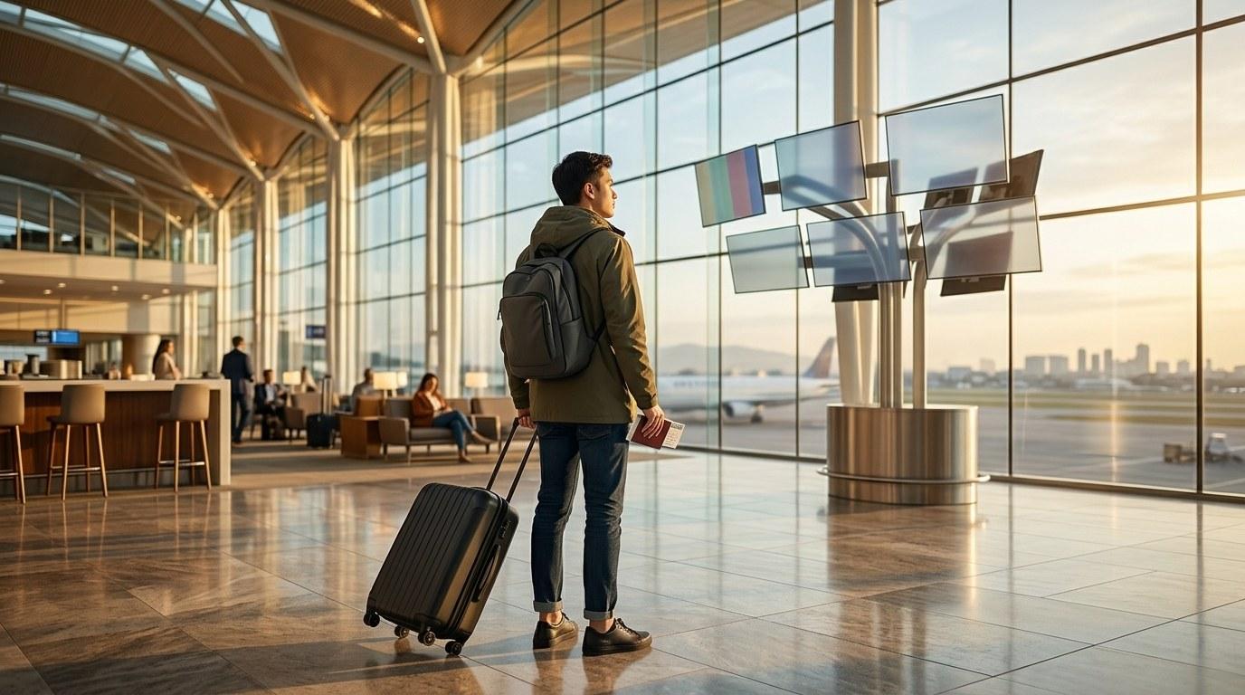 Reisender mit Rucksack und Koffer blickt durch die große Glasfront eines modernen Flughafenterminals auf die Stadtkulisse