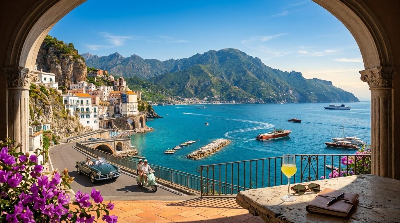 Vue depuis une arche sur un village côtier italien avec maisons colorées, mer turquoise et bateaux