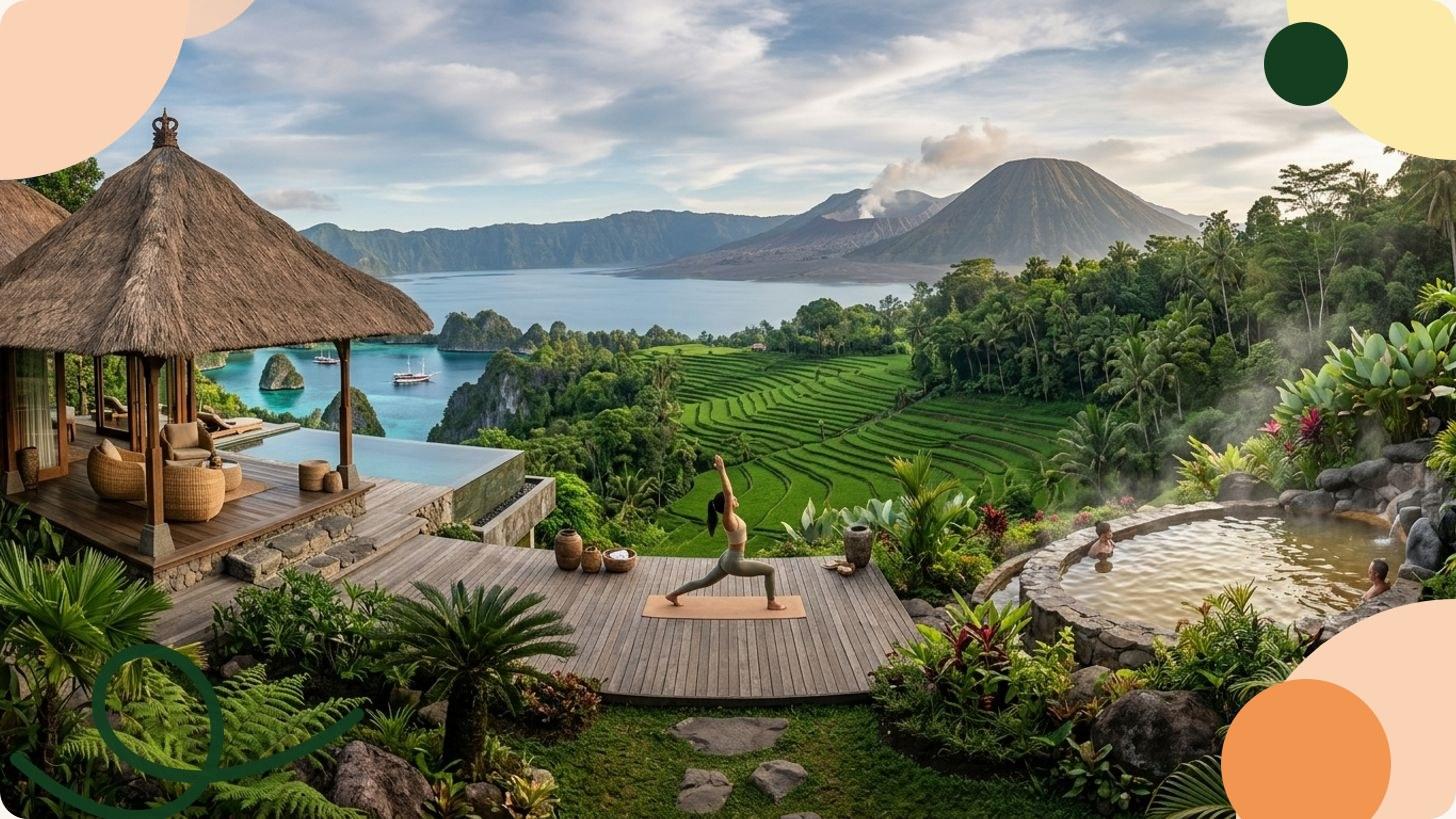 Thérapeute balinaise versant de l'huile de massage sur le dos d'une cliente dans un spa entouré de verdure tropicale