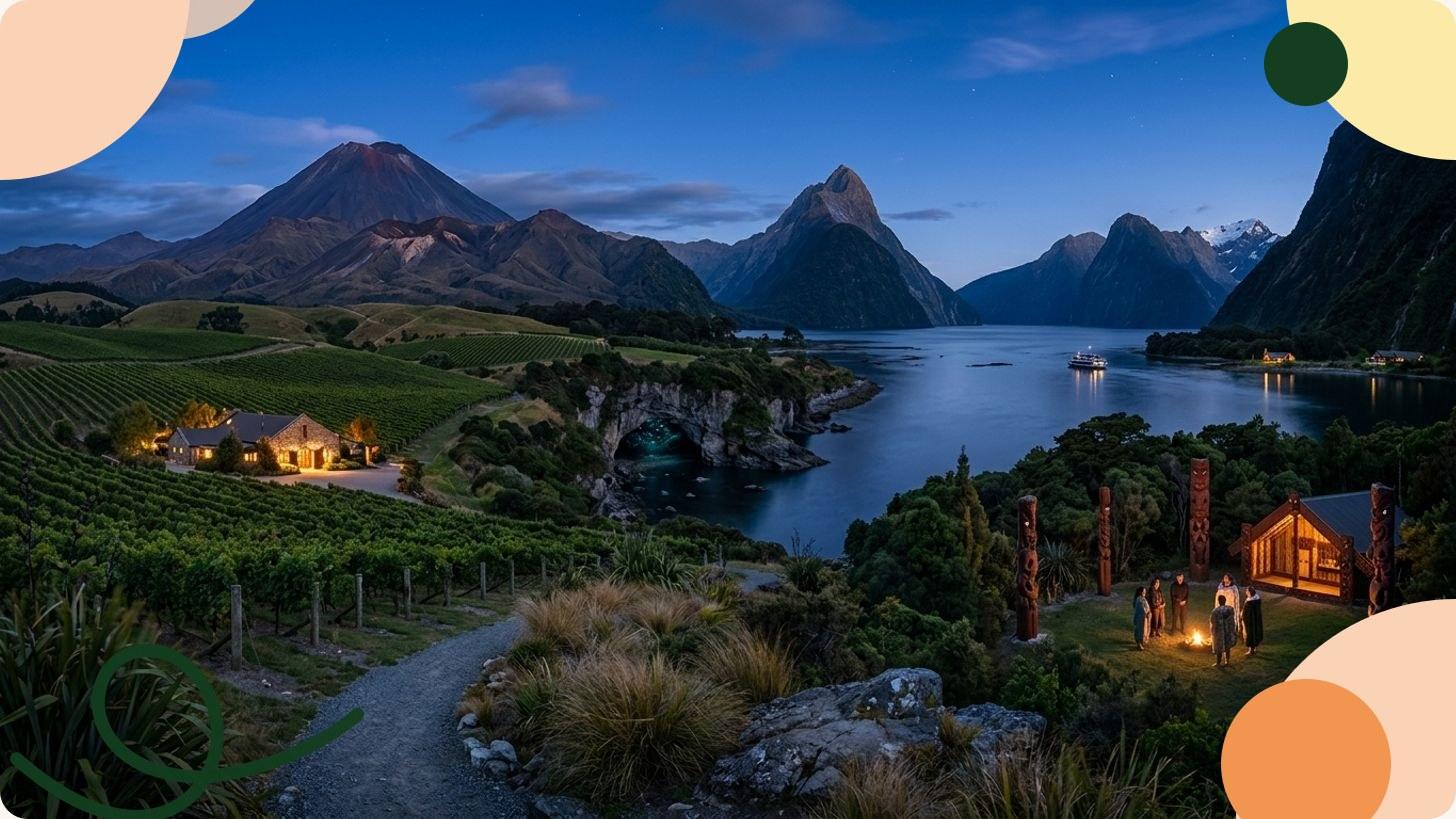 Fjord de Nouvelle-Zélande avec falaises rocheuses, forêts denses et eaux bleues calmes sous un ciel lumineux