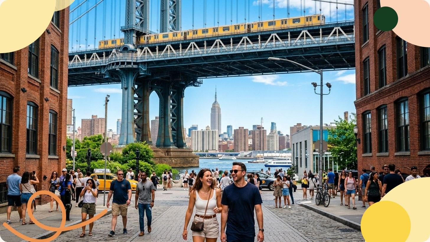 Vista del ponte di Brooklyn con i suoi archi gotici e lo skyline di Manhattan sullo sfondo