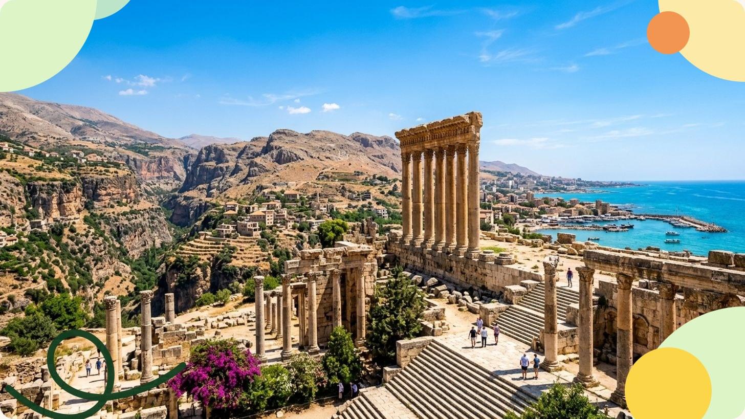 Temple romain de Baalbek avec colonnes corinthiennes imposantes et escaliers de pierre sous ciel bleu, Liban