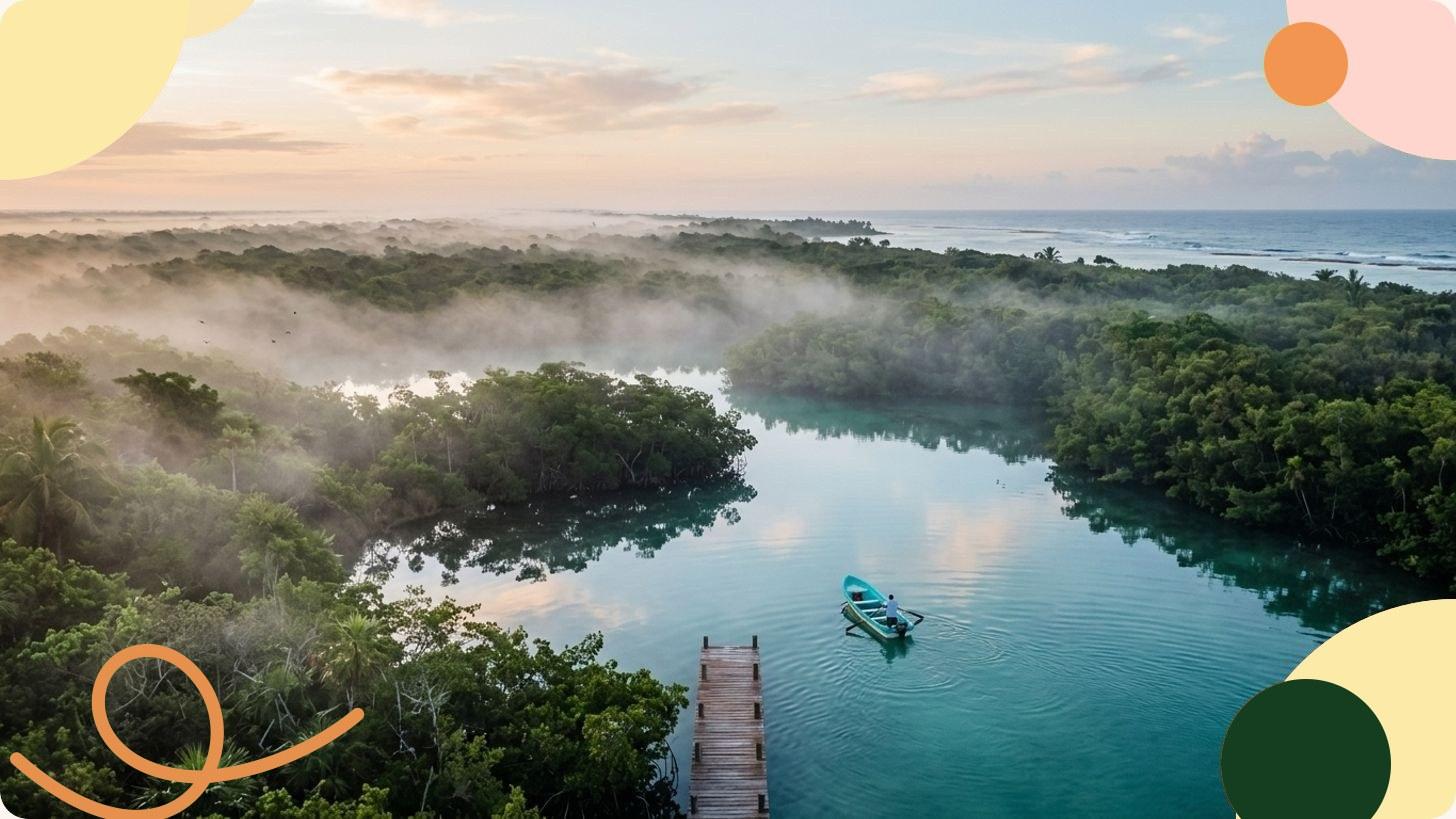 Laguna di Sian Ka'an circondata da mangrovie lussureggianti sotto un cielo tropicale, Quintana Roo, Messico