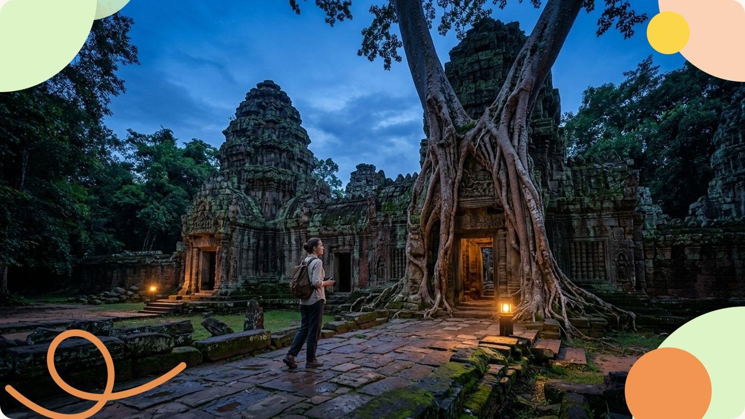 Ruinen eines Khmer-Tempels mit verzierten Türmen, umgeben von tropischer Vegetation und klarem Himmel in Kambodscha