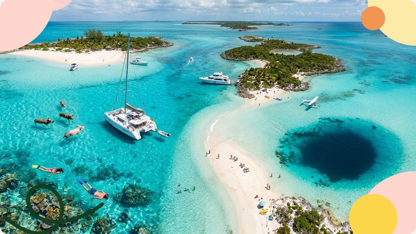 Vista aérea de una playa paradisíaca de Bahamas con aguas turquesas e islotes boscosos