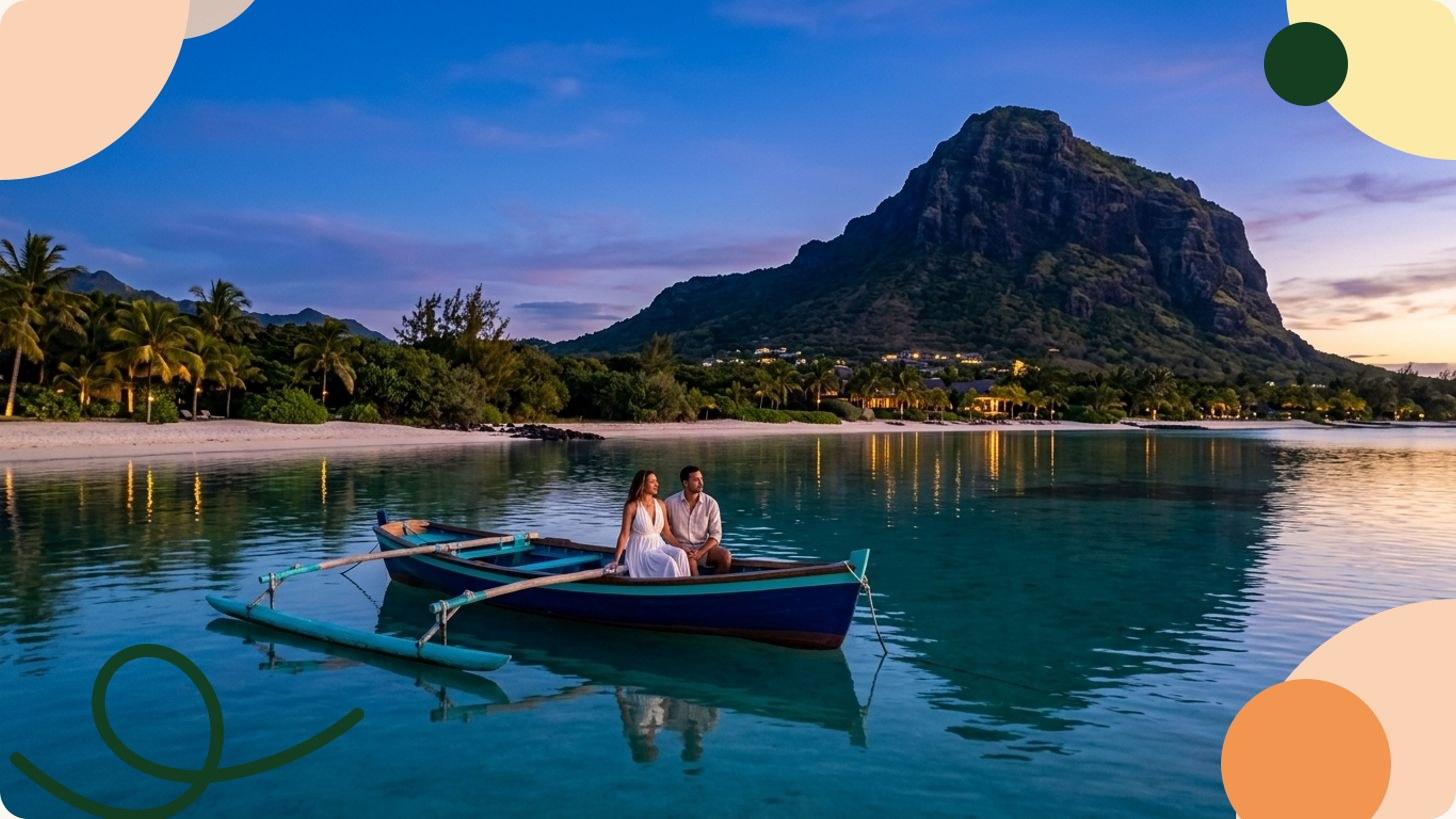 Luftaufnahme von Mauritius mit türkisem Lagunengewässer, weißen Sandstränden und üppiger tropischer Vegetation