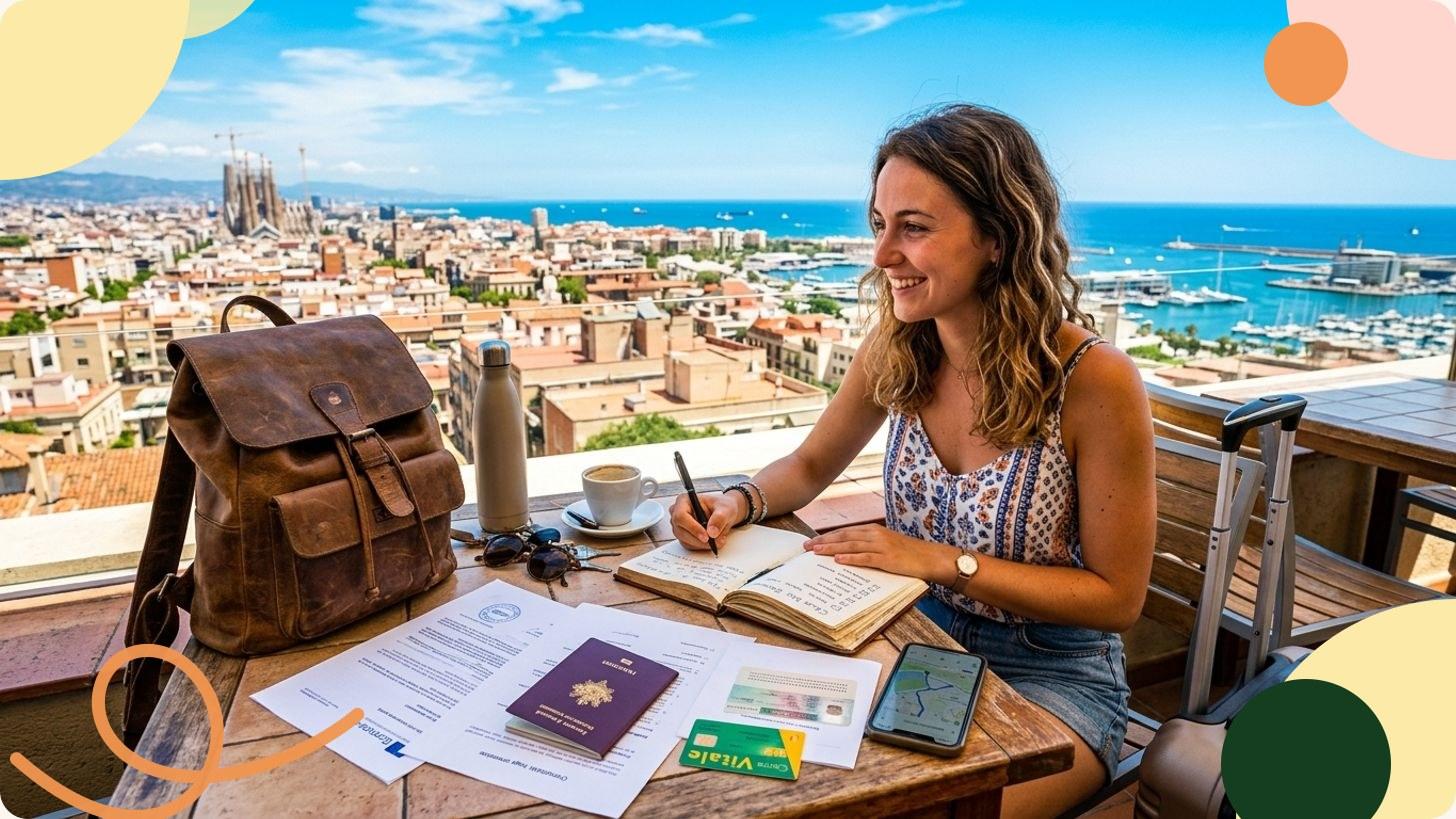 Student with suitcase and passport ready to leave for an internship abroad