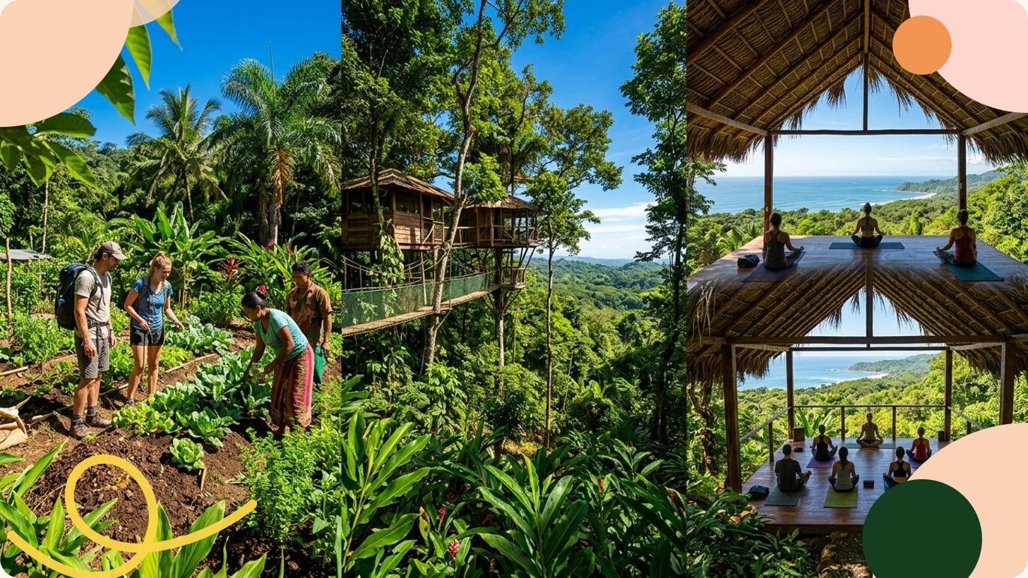 Cabaña en los árboles suspendida sobre la selva tropical de Costa Rica, rodeada de densa vegetación