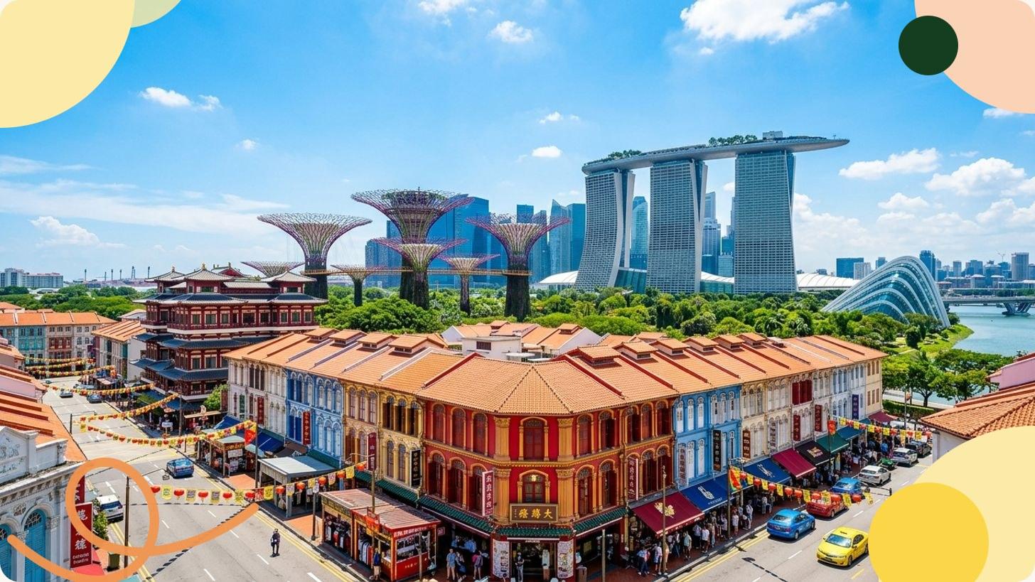 Skyline di Singapore con le torri illuminate di Marina Bay Sands e il lungomare al tramonto
