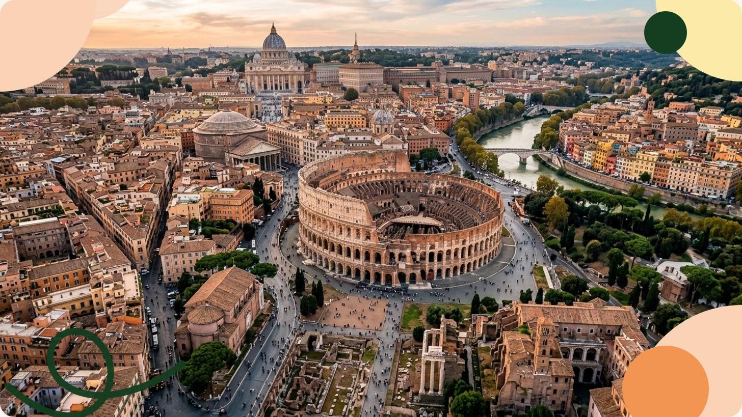 Vue aérienne de Rome avec le Colisée au premier plan et le panorama de la ville éternelle en arrière-plan