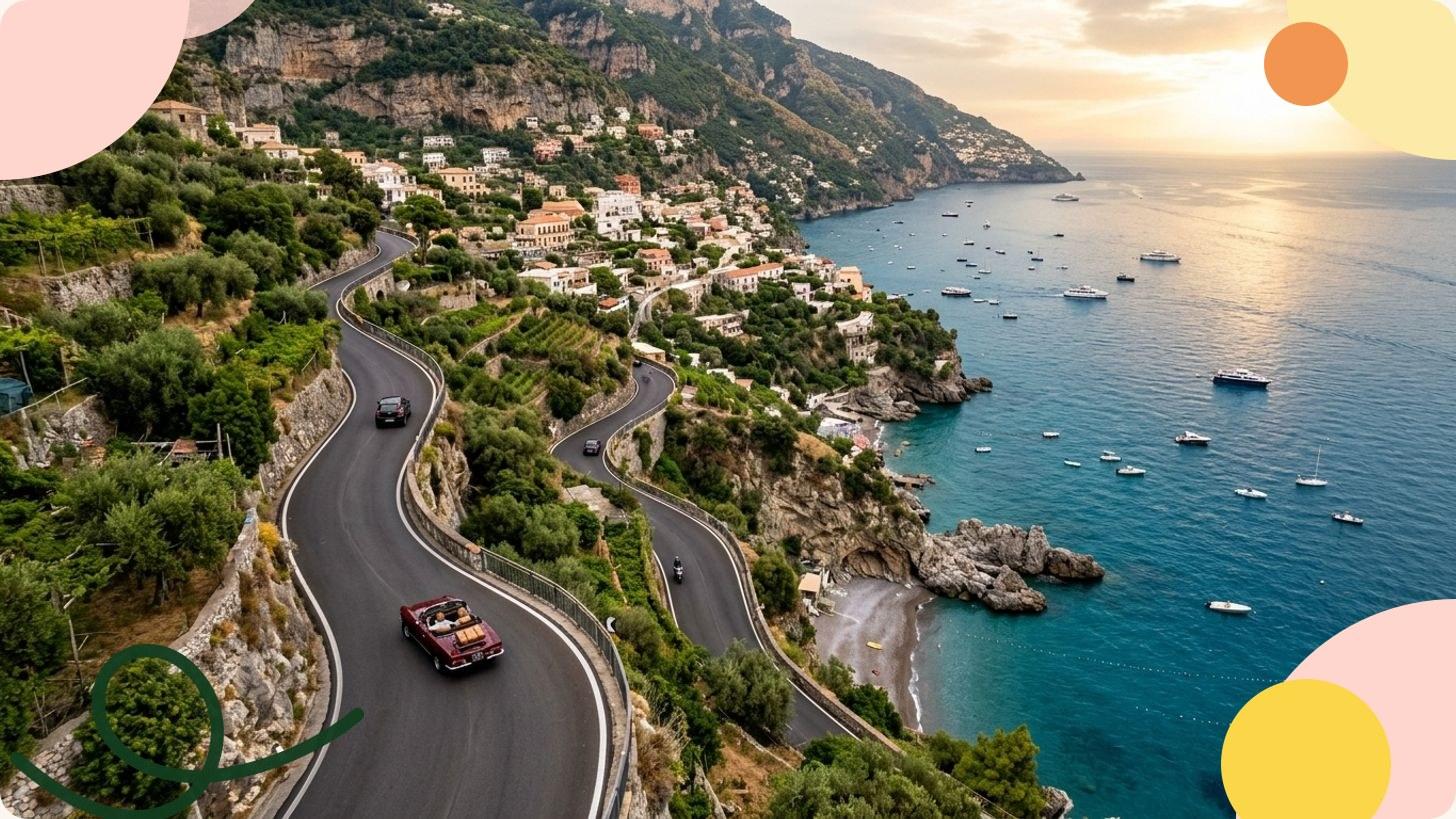 Strada costiera sinuosa a strapiombo sul Mar Mediterraneo con borghi colorati aggrappati alle scogliere in Italia