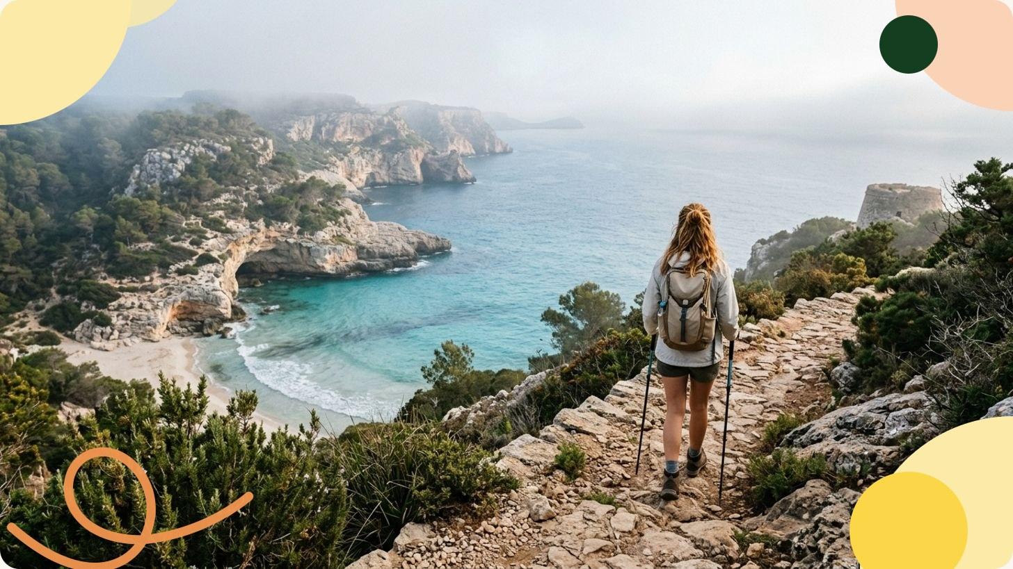 Cala mediterránea de aguas turquesas cristalinas y acantilados calizos blancos en Menorca