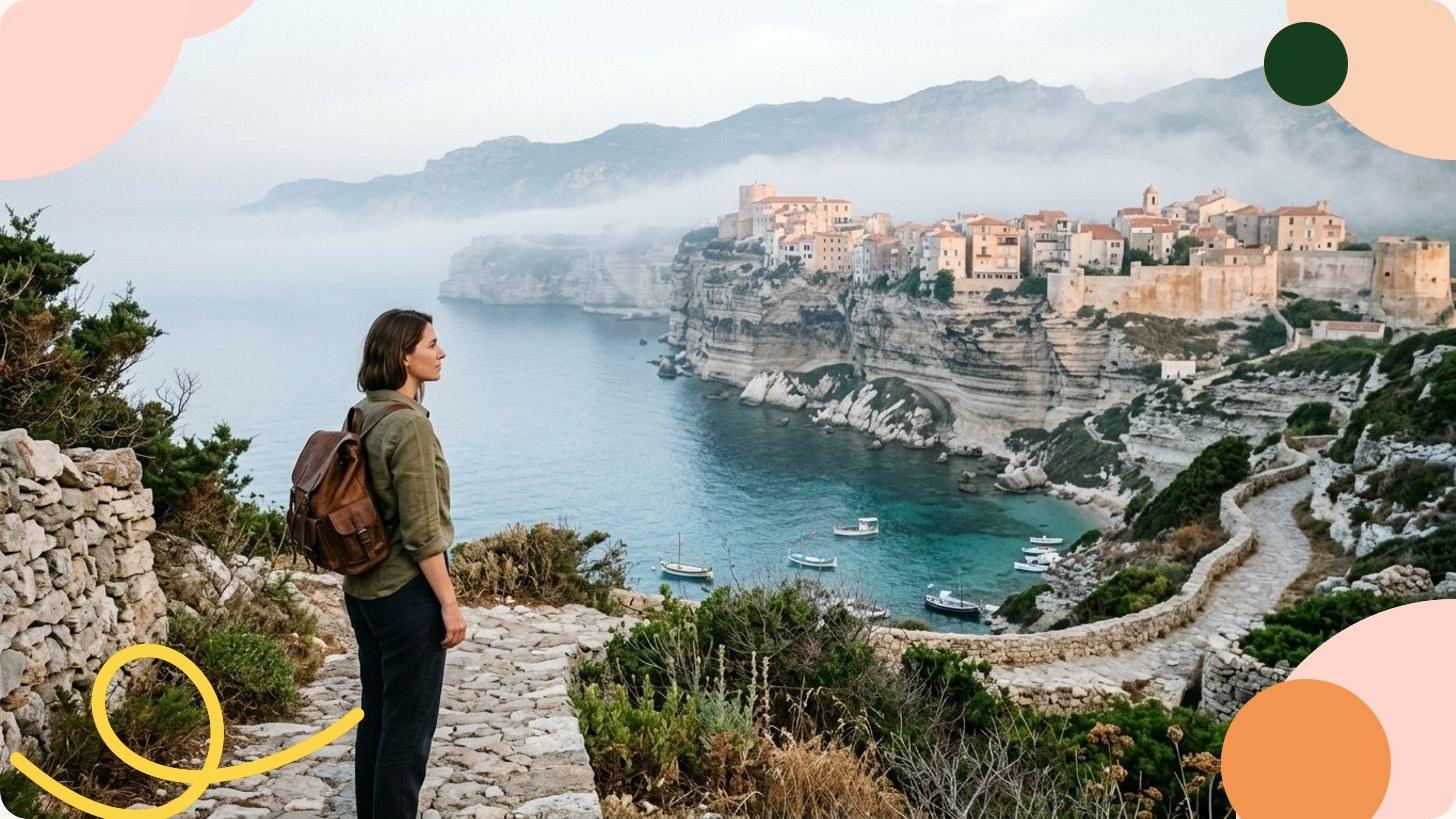 Côte méditerranéenne ensoleillée avec mer turquoise, village perché sur falaise et ciel d'été