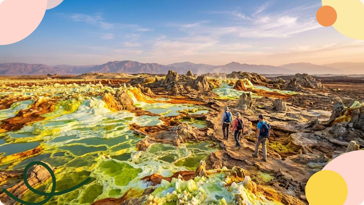 Geologische Landschaft in leuchtenden Farben wie von einem anderen Planeten, mit Mineralformationen und säurehaltigen Farbtönen