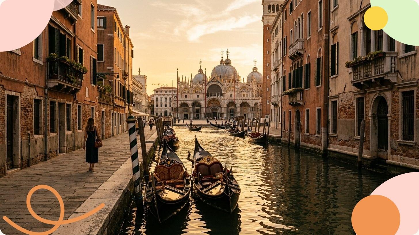 Canal veneziano con gondole e facciate di palazzi storici nella luce dorata del tramonto