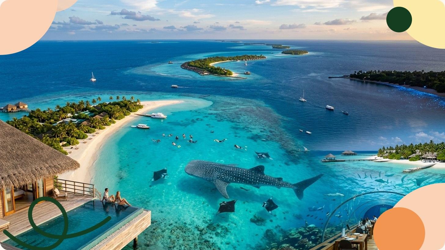 Vue aérienne d'un atoll des Maldives avec lagon turquoise, récifs coralliens et bungalows sur pilotis