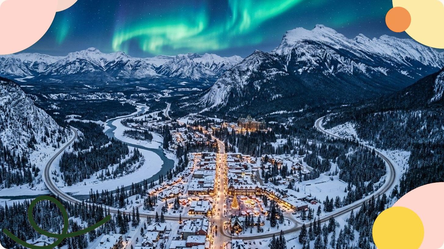 Station de montagne enneigée illuminée dans une vallée alpine hivernale au Canada