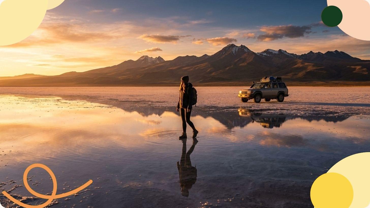 Véhicule tout-terrain traversant le vaste désert de sel blanc du Salar de Uyuni en Bolivie sous un ciel bleu immaculé