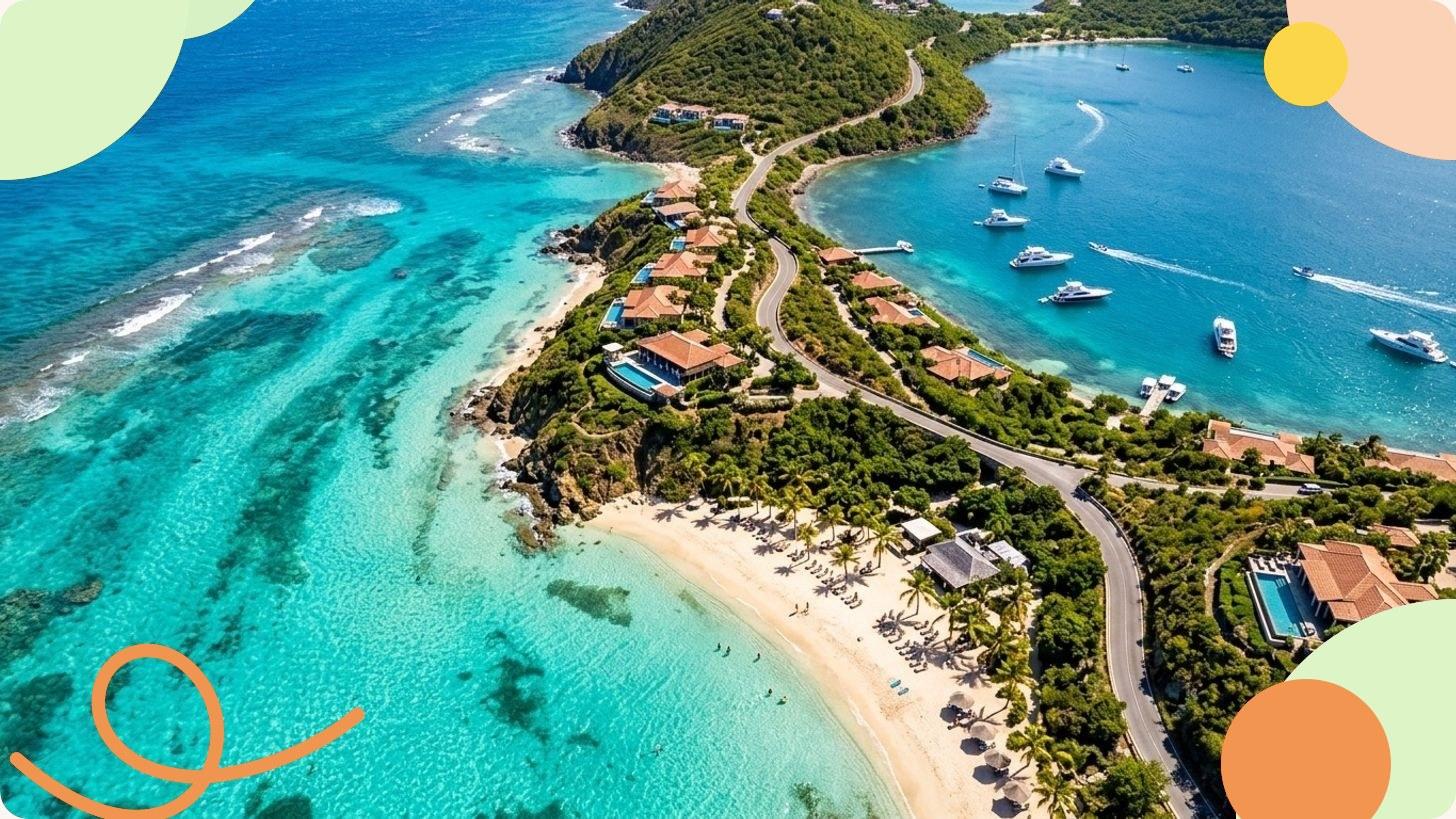Vue aérienne d'une île tropicale avec plage de sable blanc, lagon turquoise cristallin et végétation luxuriante