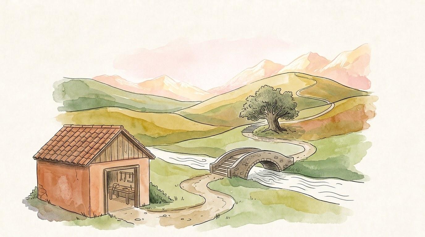 Chemin sinueux d'un petit atelier vers un horizon de montagnes, évoquant le parcours de Yupwego