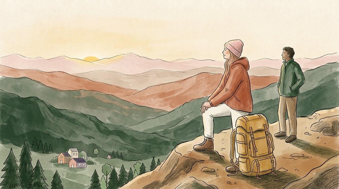 Voyageuse sereine contemplant un paysage, accompagnée par Yupwego