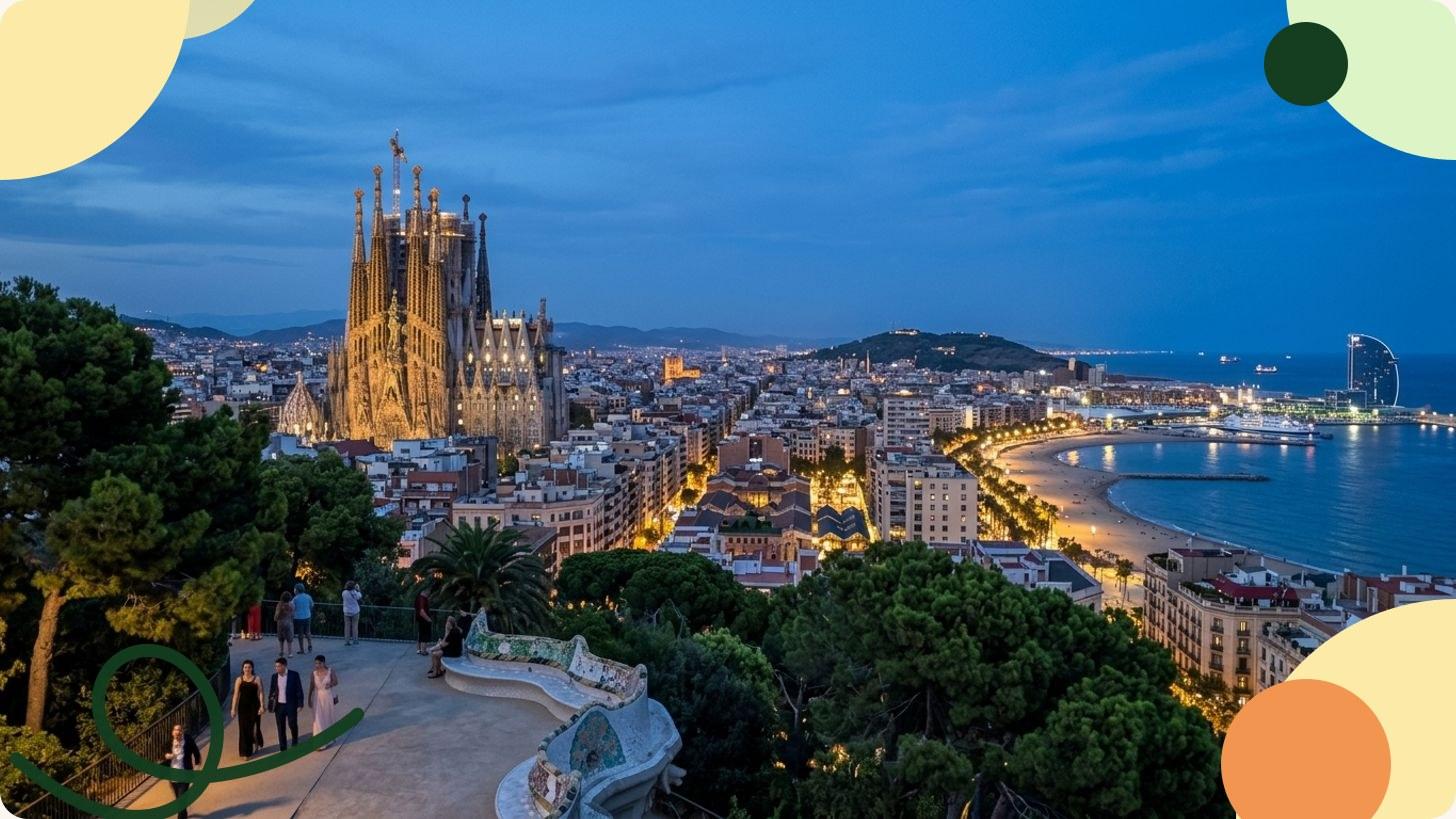 Vue aérienne de Barcelone avec la Sagrada Família et les toits de l'Eixample sous un ciel bleu méditerranéen