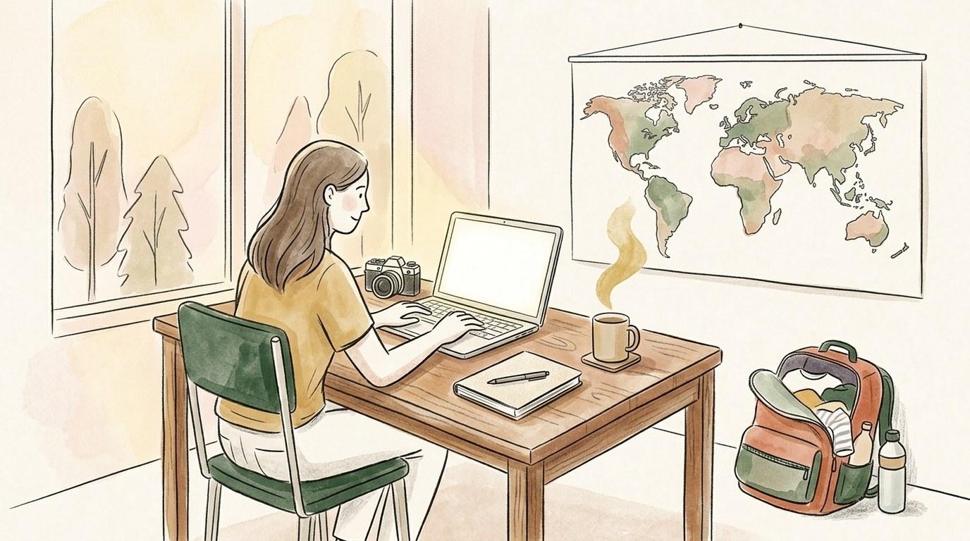 Créatrice de contenu voyage rédigeant un article sur son ordinateur portable