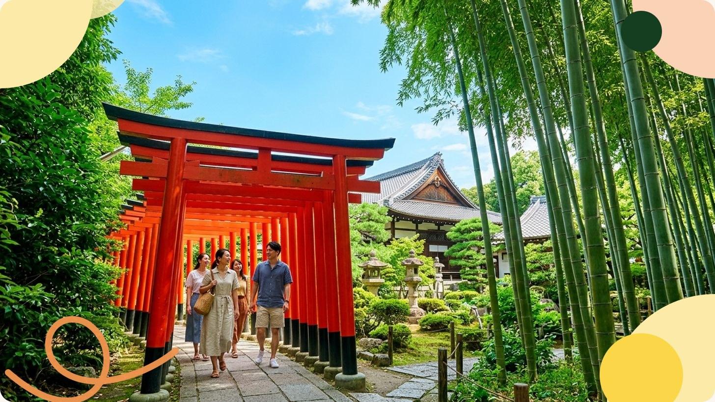 Le Kinkaku-ji, pavillon doré à deux étages, se reflétant dans un étang entouré de forêt et de rochers, Kyoto Japon