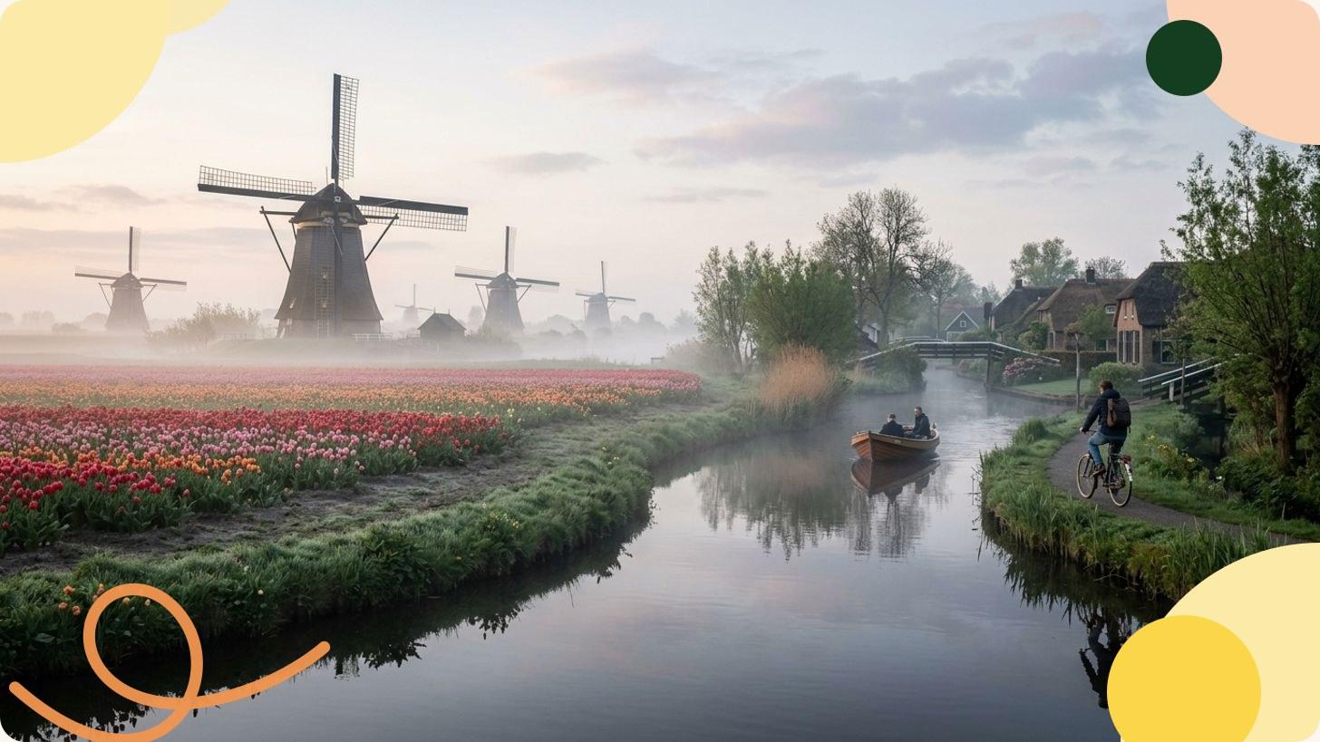 Canal d'Amsterdam bordé de maisons colorées du XVIIe siècle avec vélos et bateaux amarrés sous un ciel ensoleillé