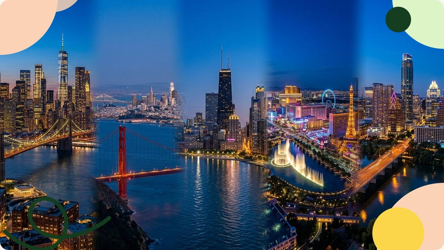 Vue aérienne d'une grande métropole américaine avec gratte-ciels iconiques, fleuve et waterfront sous un ciel dégagé