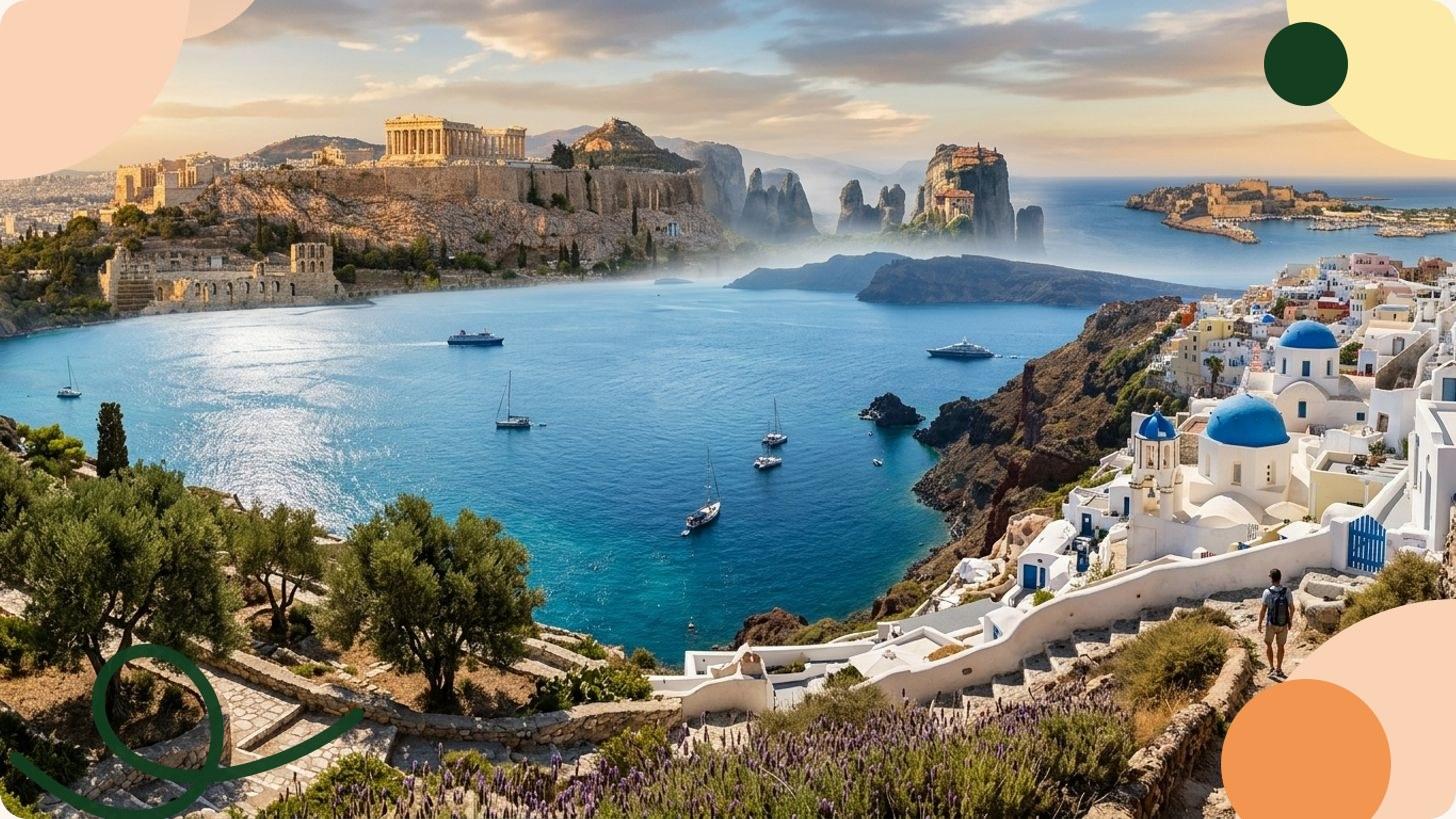 Village blanc aux dômes bleus perché sur la caldeira de Santorin, mer Égée en contrebas au coucher de soleil
