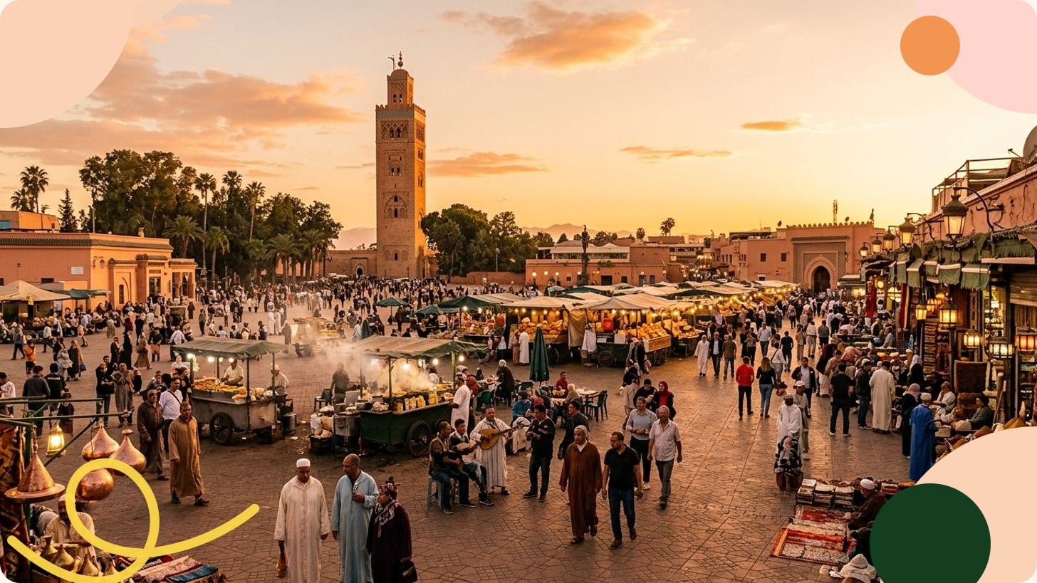 Grande place Jemaa el-Fna de Marrakech animée, mosquée et marchands sous des auvents verts, foule de visiteurs et bâtiments ocre traditionnels